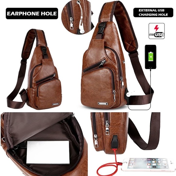 New! Leather Sling Bag Mens Backpack/ Crossbody Bag Chest Bag w/ USB Charge Port - Picture 4 of 11